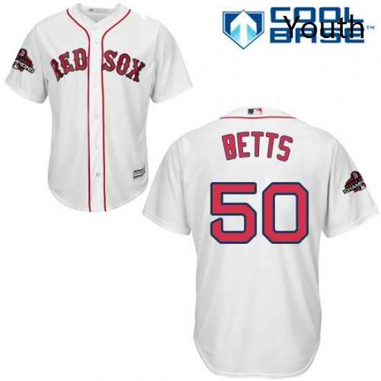 Youth Majestic Boston Red Sox 50 Mookie Betts Authentic White Home Cool Base 2018 World Series Champions MLB Jersey